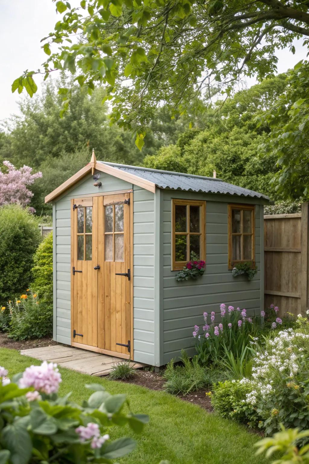 Soft pebble grey creates a cozy, inviting shed atmosphere.