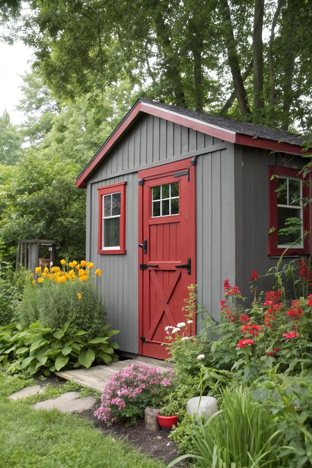 Bold red accents bring a striking contrast to grey.