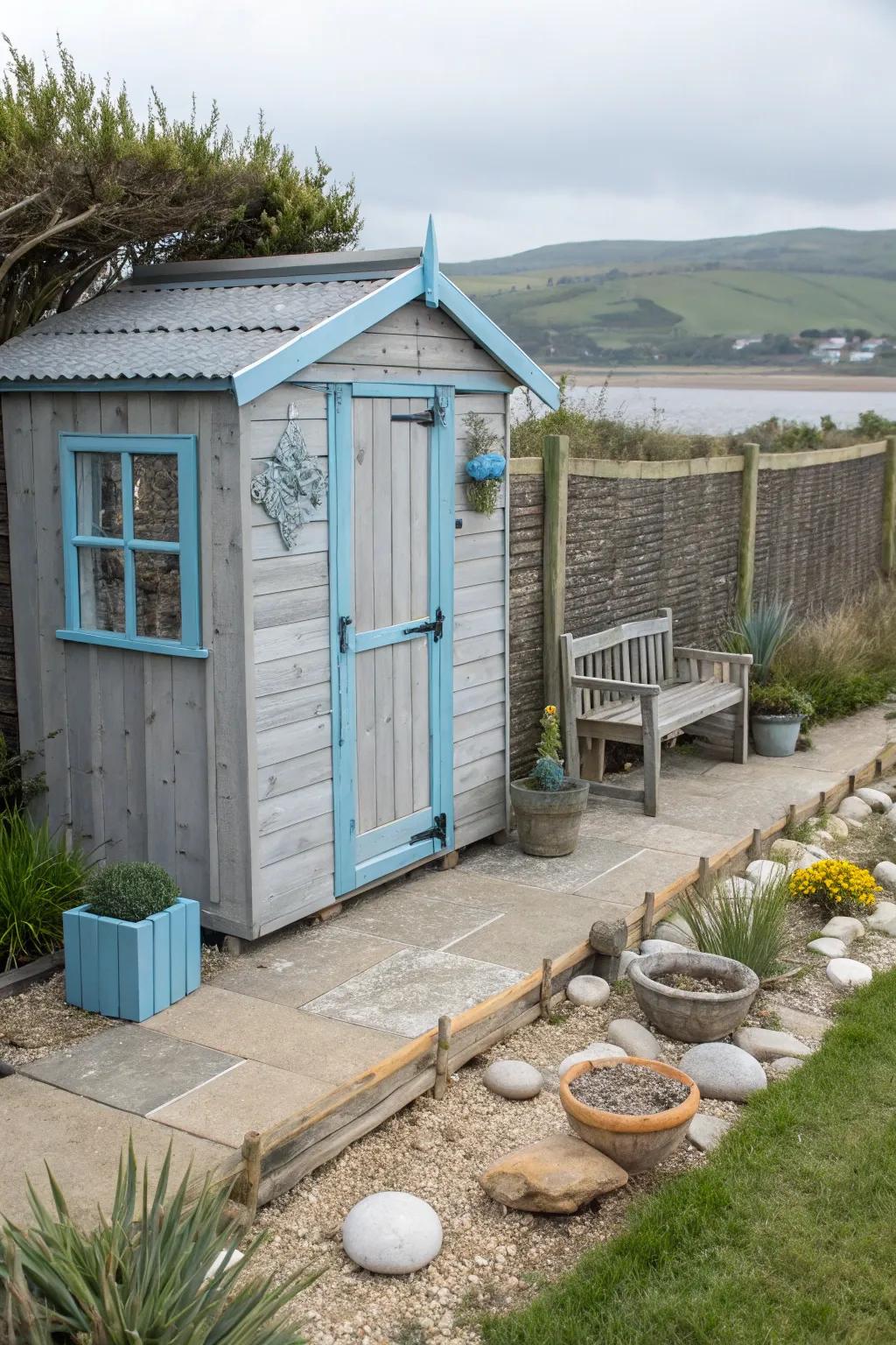 Pastel blue and grey for a serene coastal vibe.