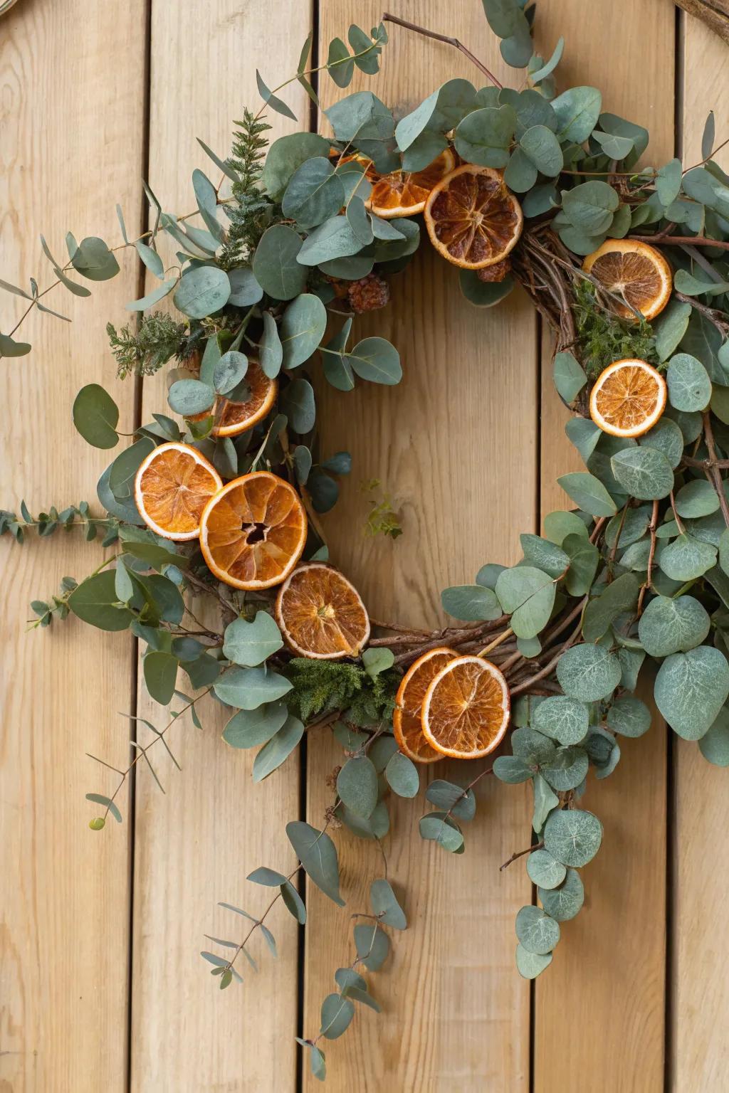 Eucalyptus wreath with dried oranges creates a cozy, fragrant addition to any room.