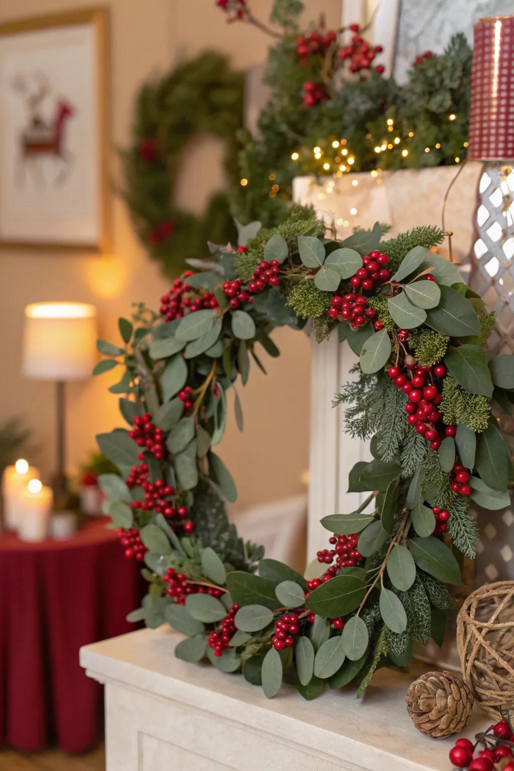 Eucalyptus and berry wreath brings festive cheer to any holiday decor.