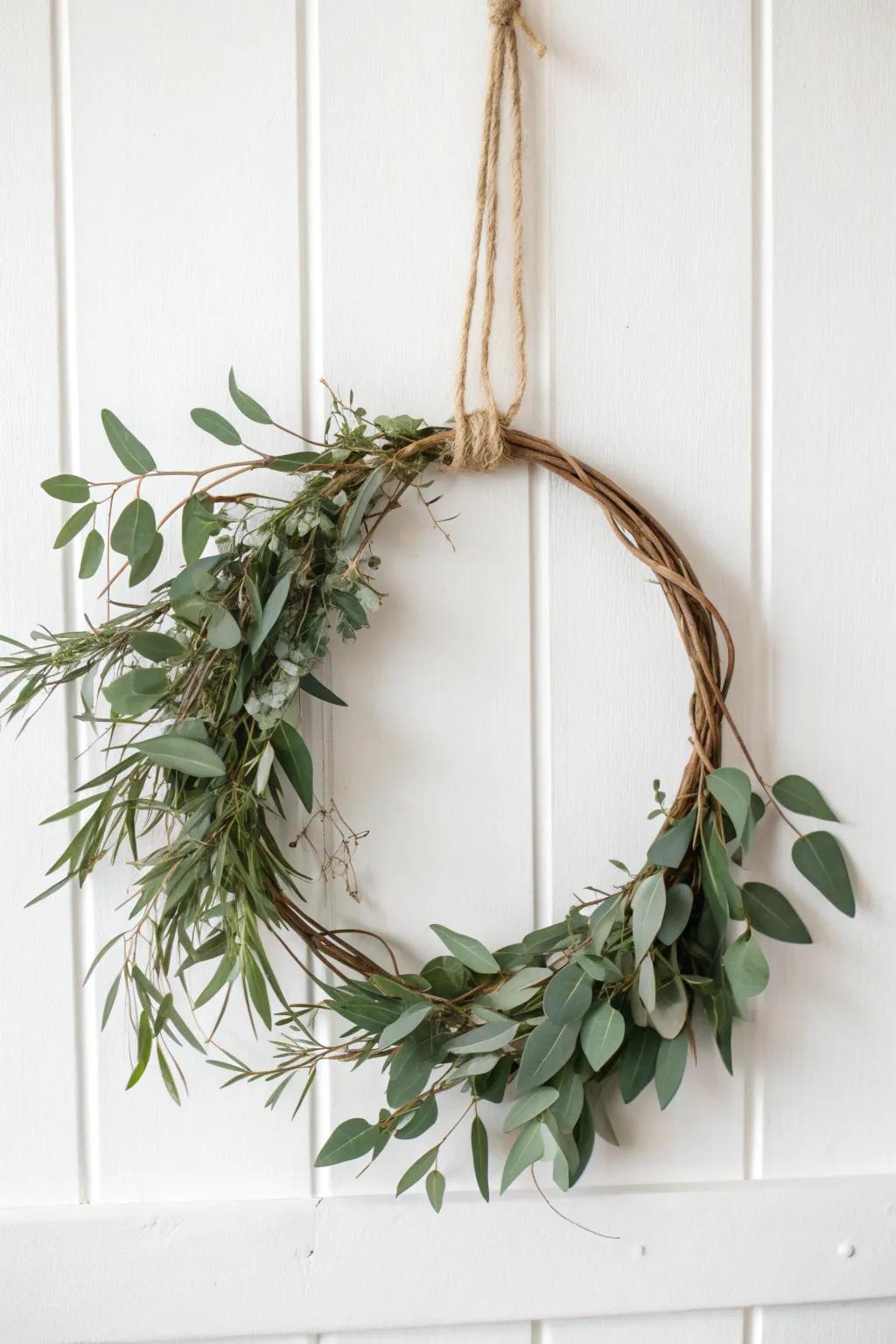 A minimalist eucalyptus wreath tied with twine adds subtle elegance to any decor.