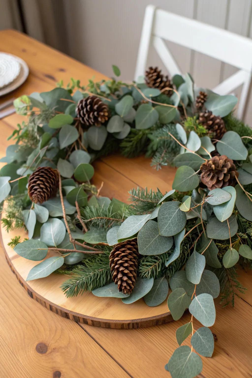 A rustic eucalyptus wreath with pine cones evokes the charm of the outdoors.