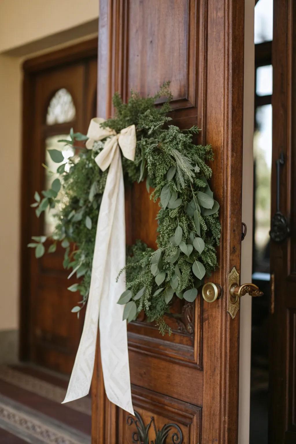 Elegant eucalyptus wreath adorned with a silk ribbon, perfect for formal settings.