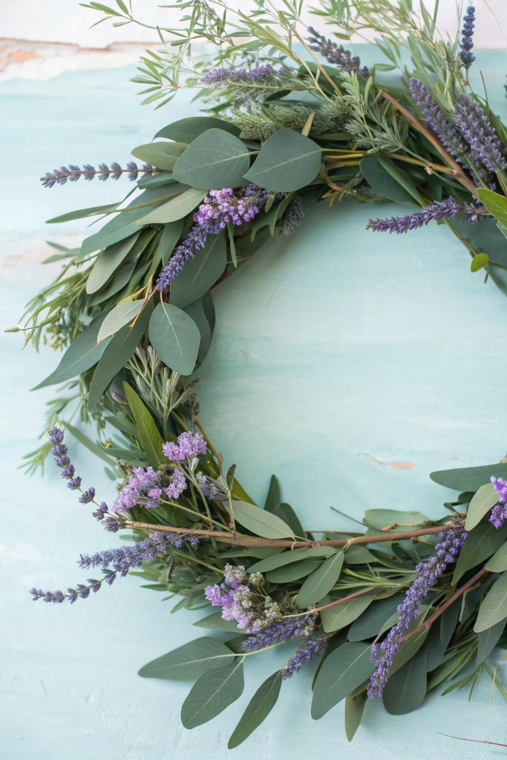 Aromatic eucalyptus and lavender wreath for a calming and soothing atmosphere.