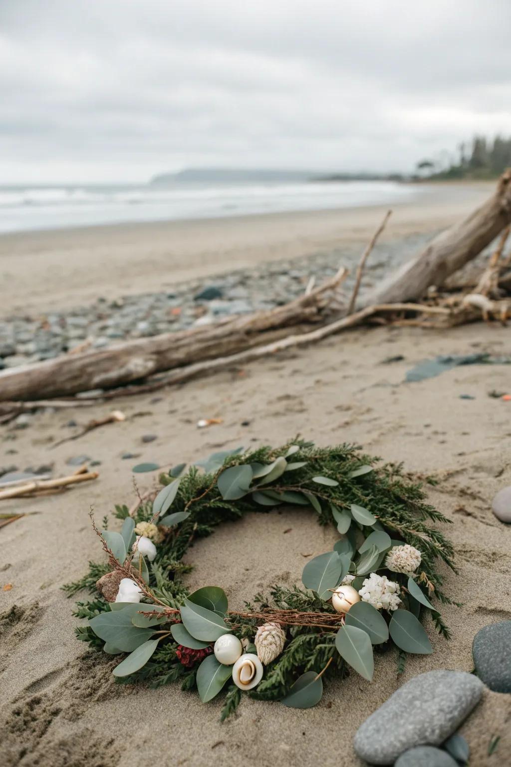 Eucalyptus wreath with seashells captures the essence of the seaside.
