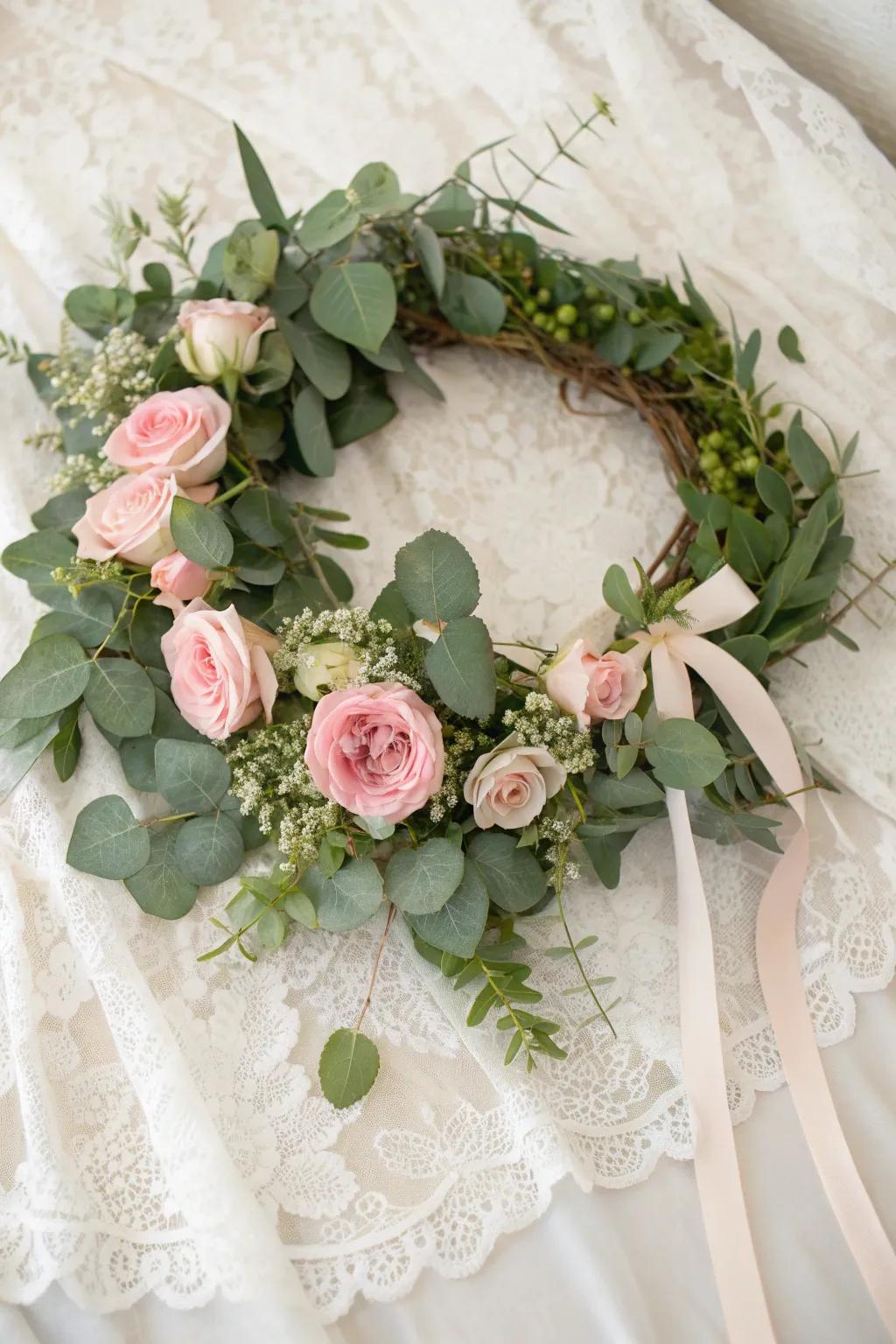 Romantic eucalyptus and rose wreath adds elegance to any special occasion.