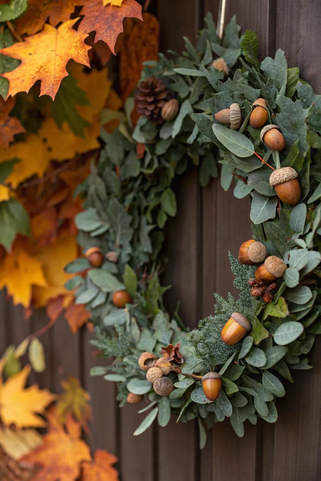 Eucalyptus wreath with acorns brings the beauty of fall indoors.