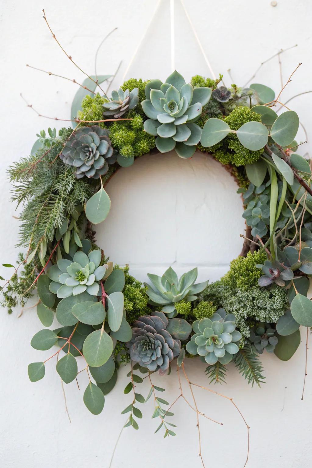 Eucalyptus wreath with succulents offers a trendy and modern touch.