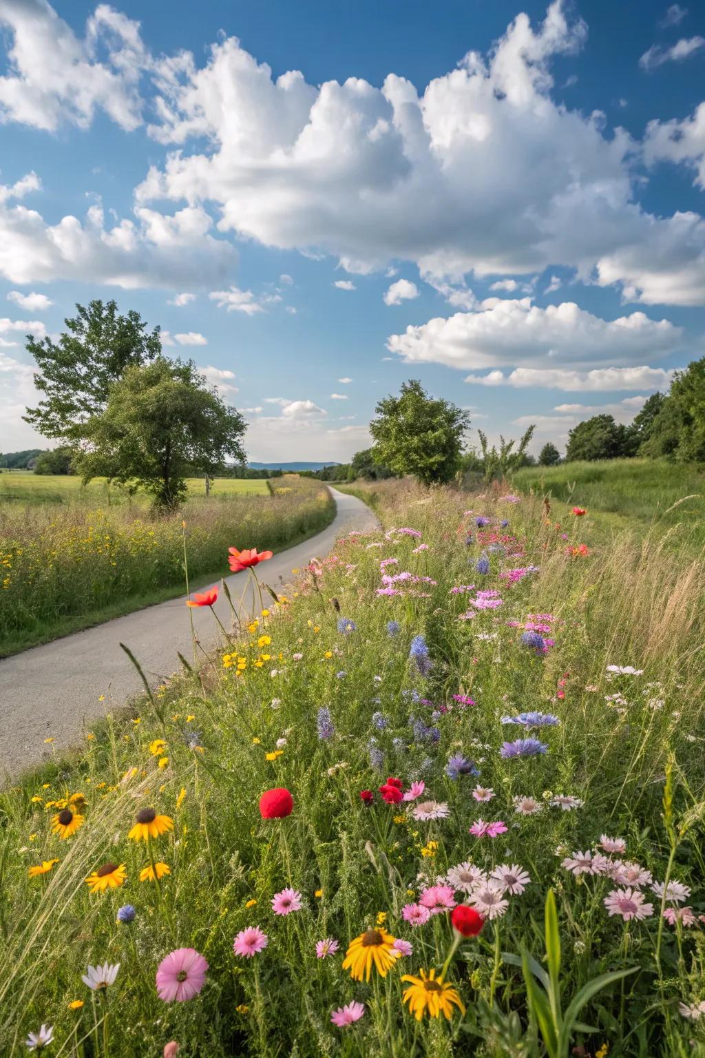 A vibrant wildflower meadow brings life to any roadside.