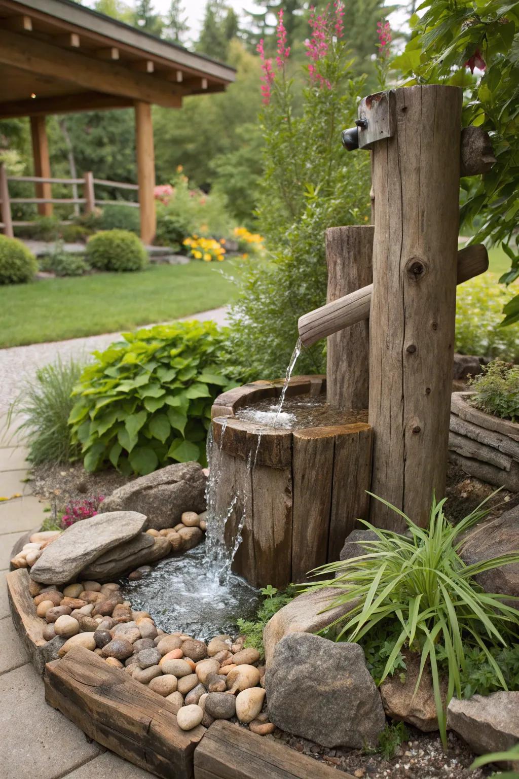A soothing driftwood fountain adds tranquility to your garden.