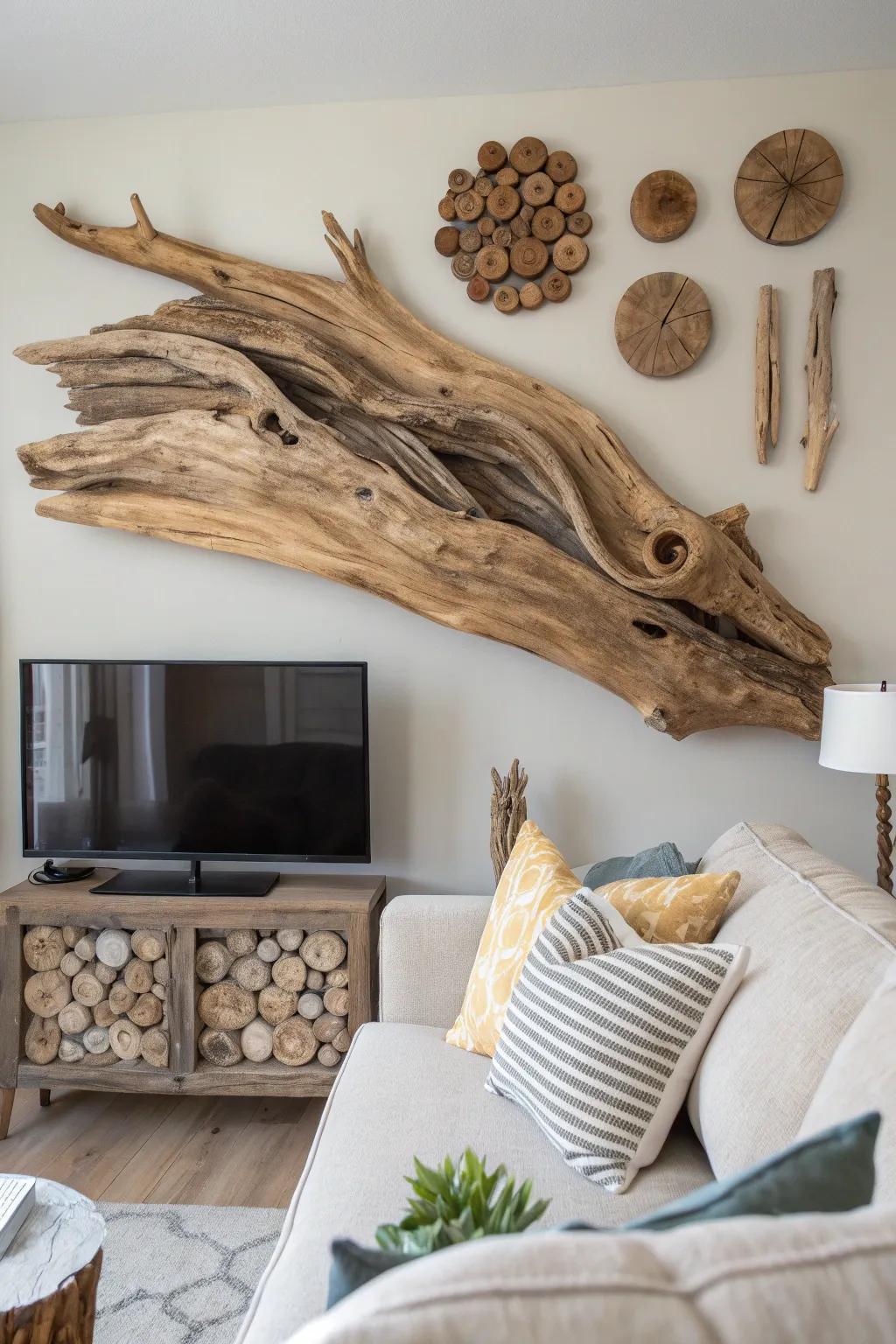 Driftwood wall art brings rustic charm indoors.