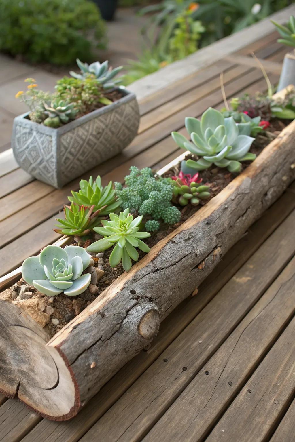 Succulents find a rustic home in driftwood planters.