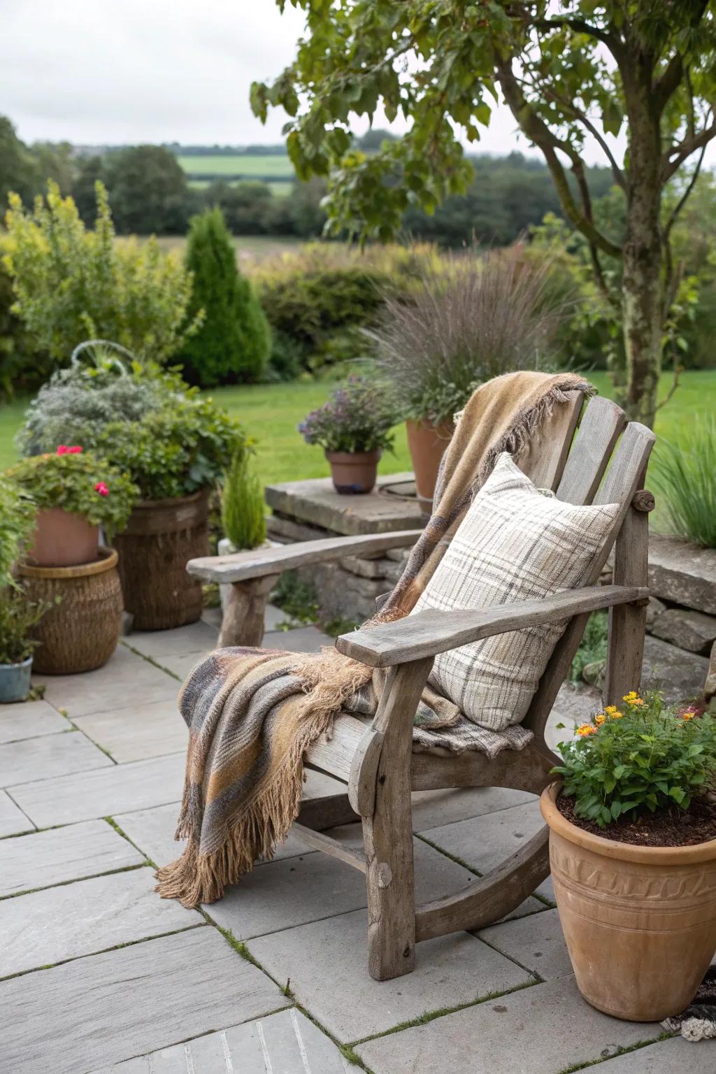 A driftwood chair offers a unique and rustic seating option.