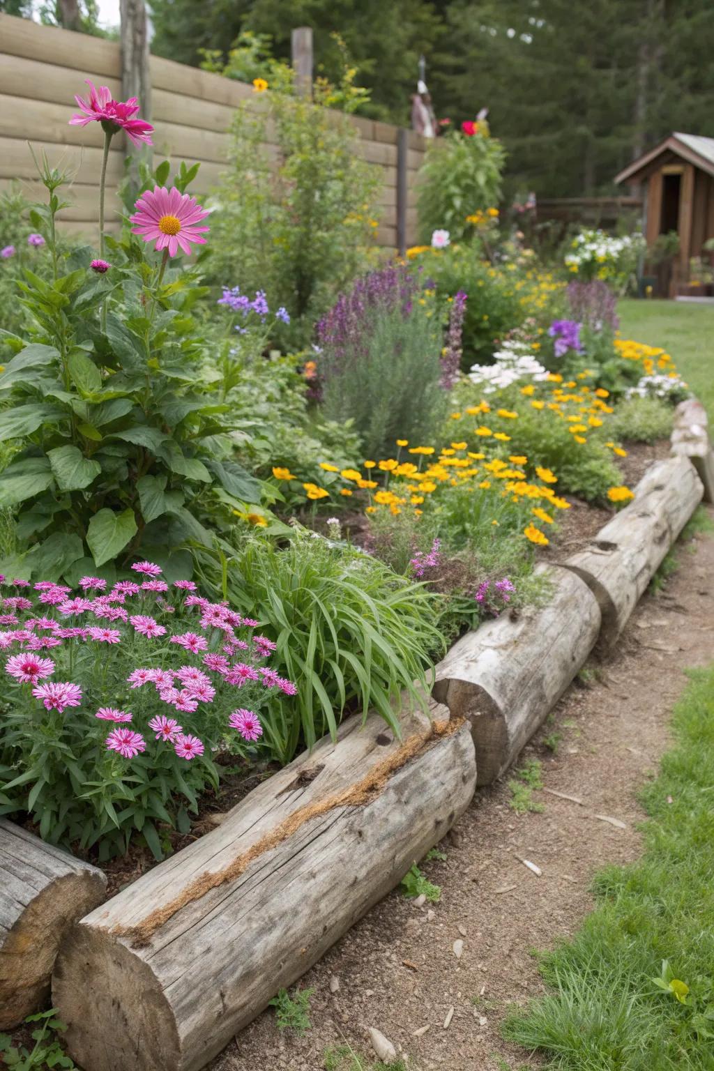 Driftwood edging adds a natural touch to garden beds.