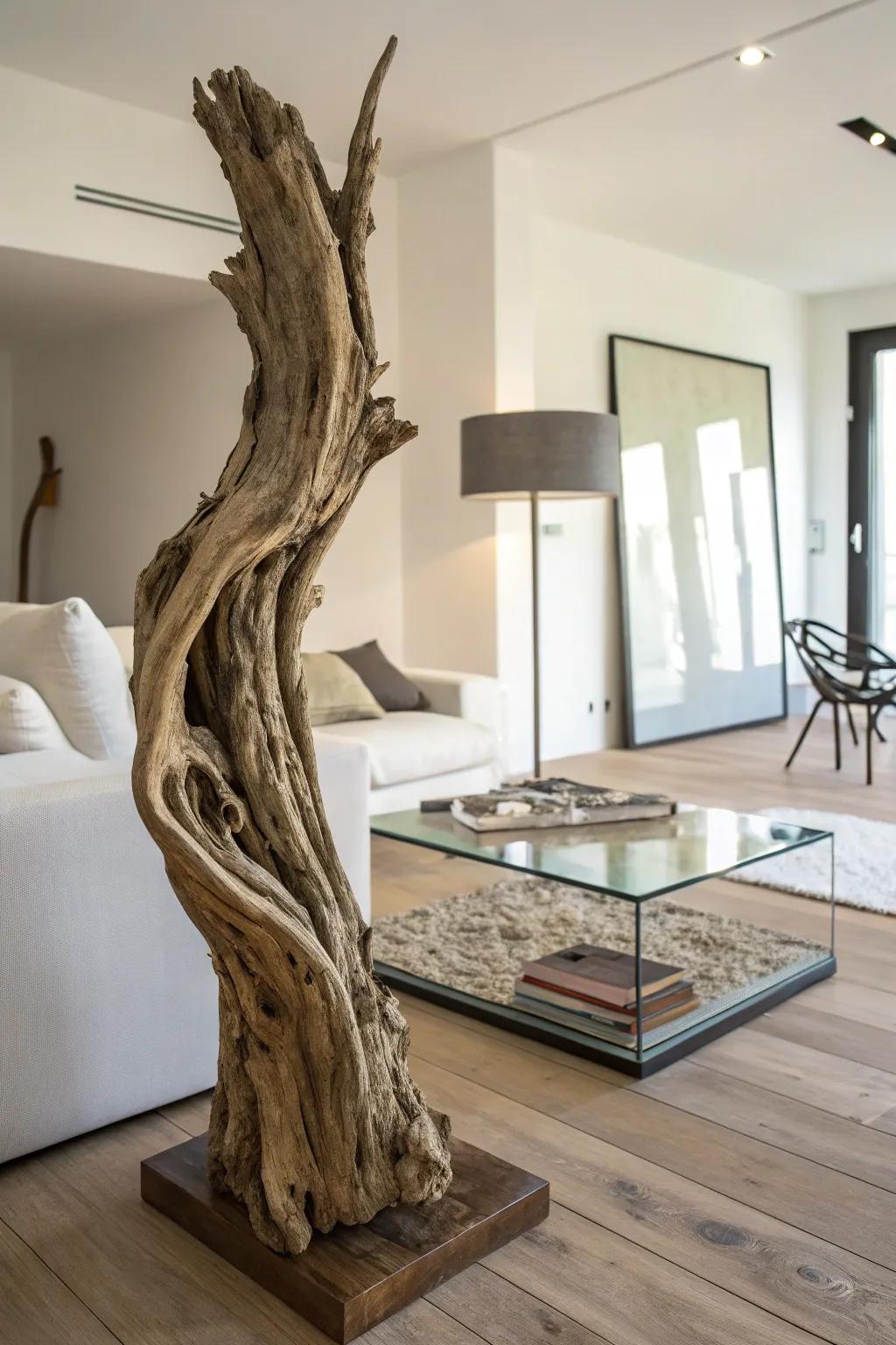 Abstract driftwood sculptures make a bold statement.