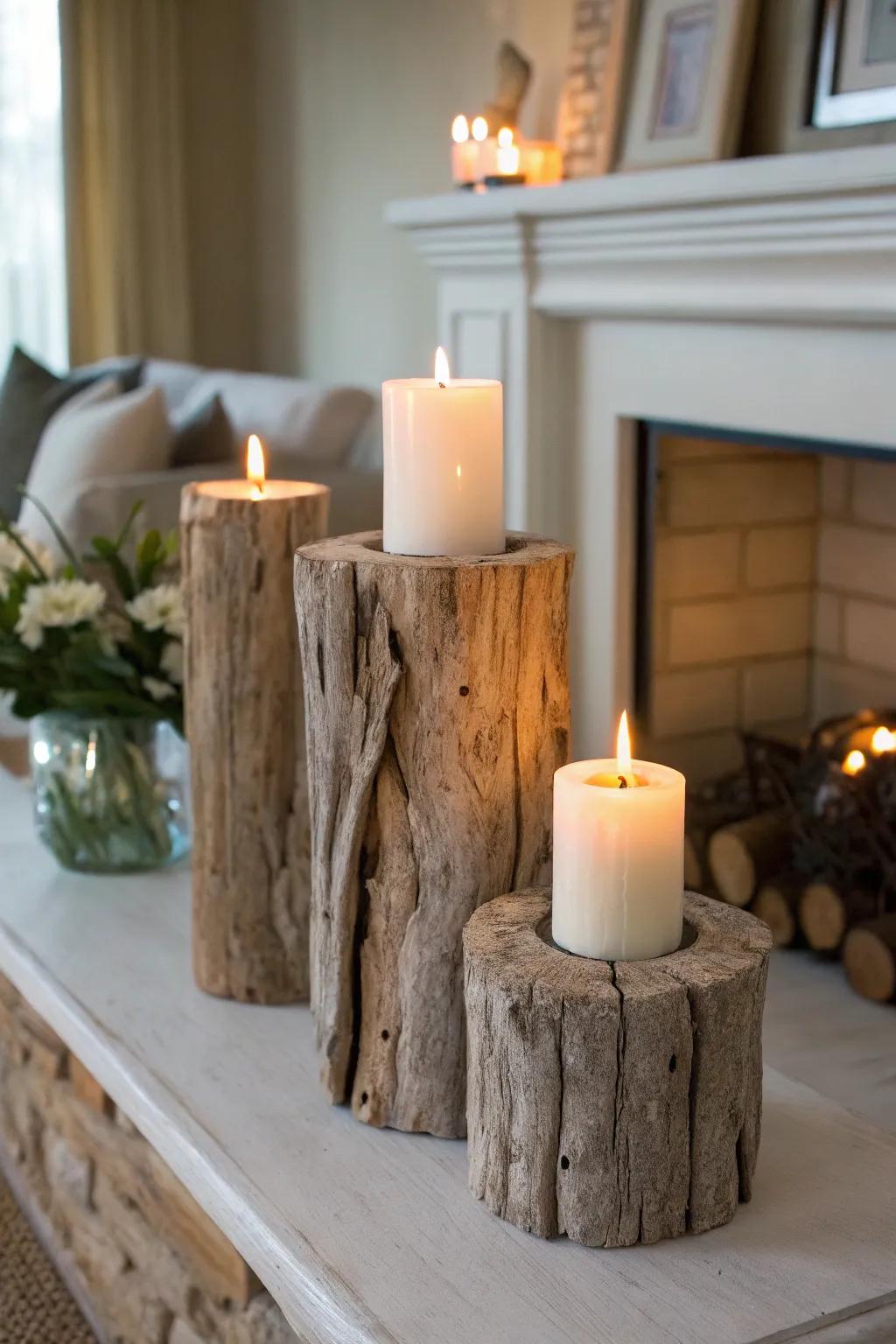 Driftwood candle holders bring warmth and texture.