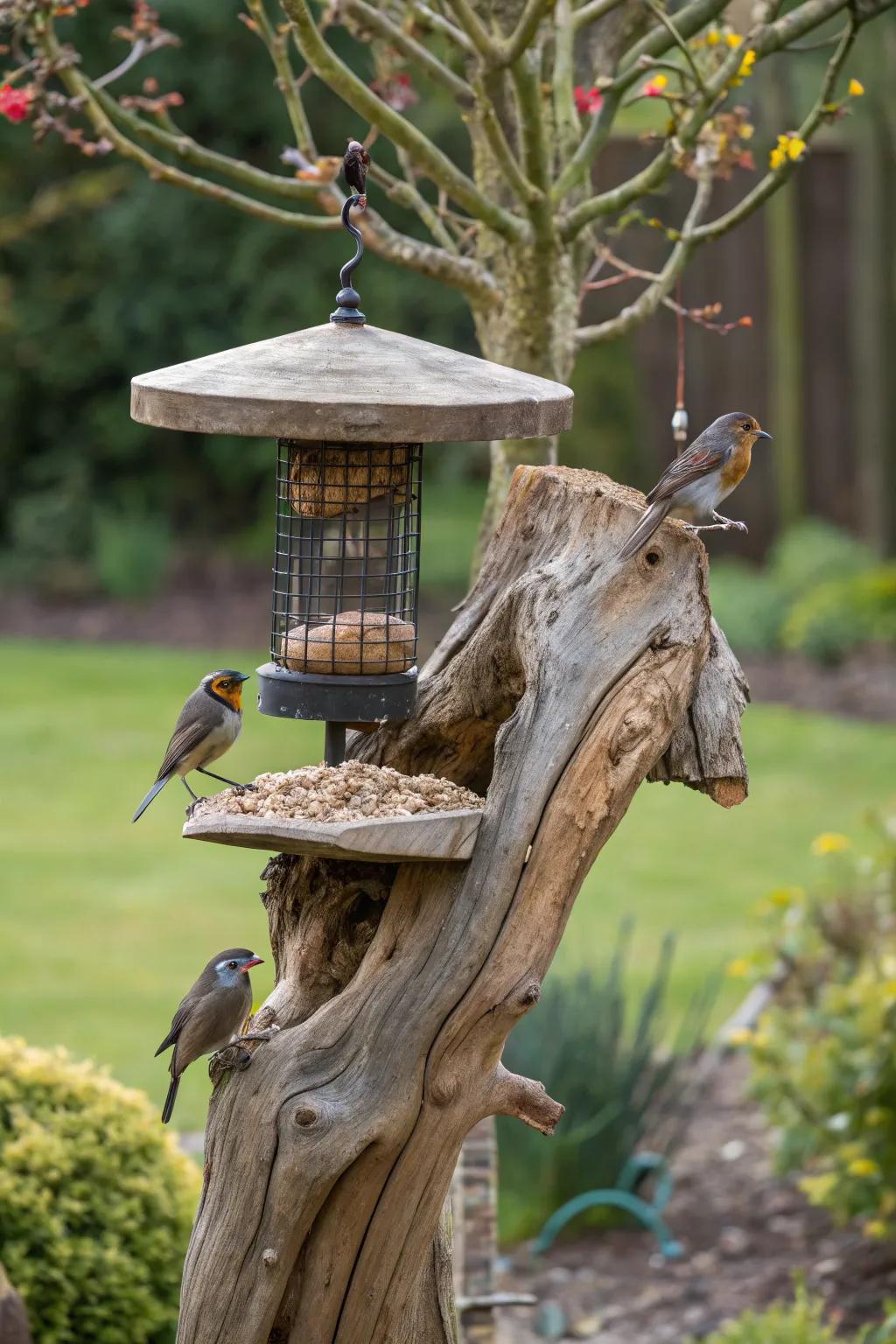 A driftwood bird feeder station attracts feathered friends.