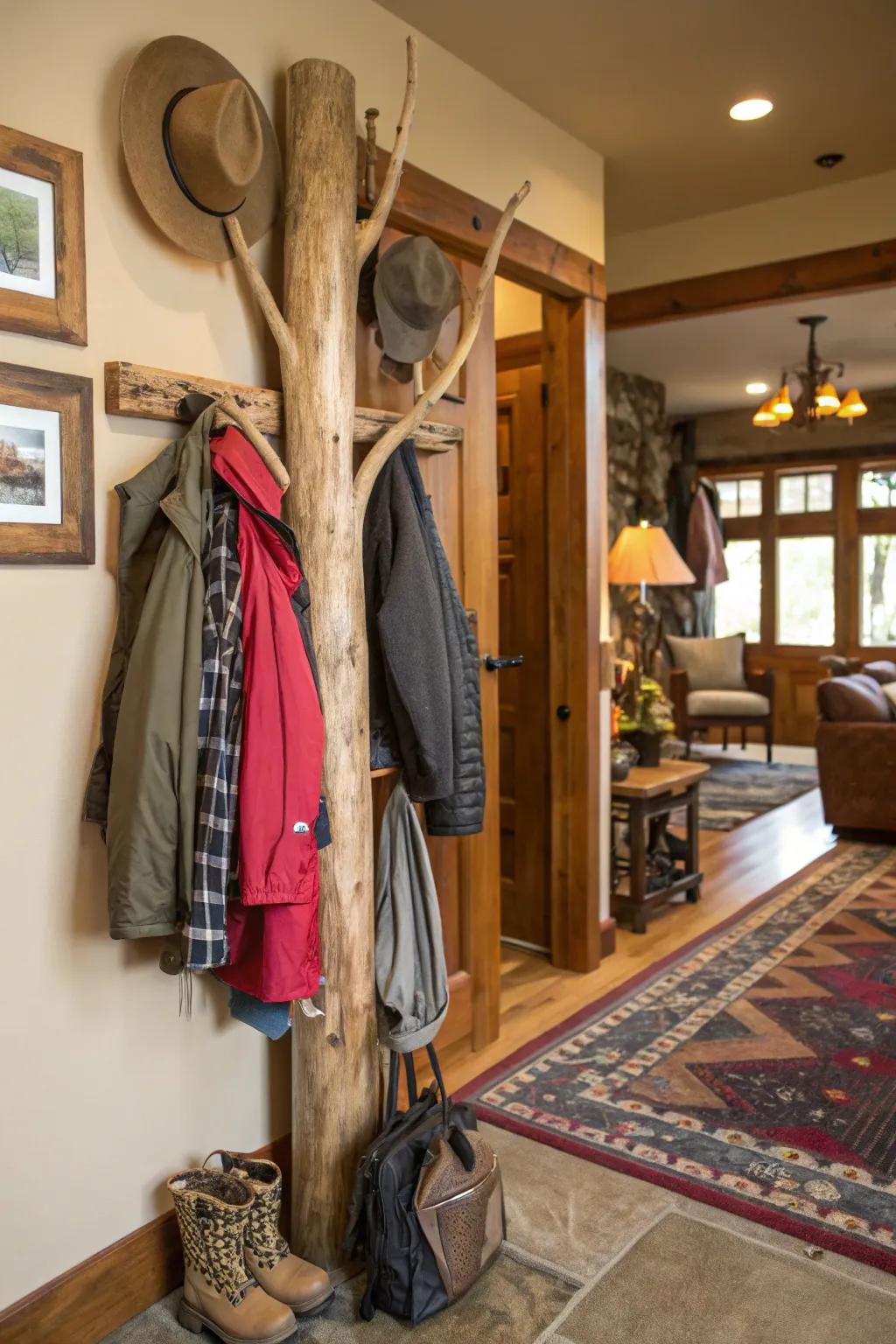 A driftwood coat rack combines utility with natural aesthetics.