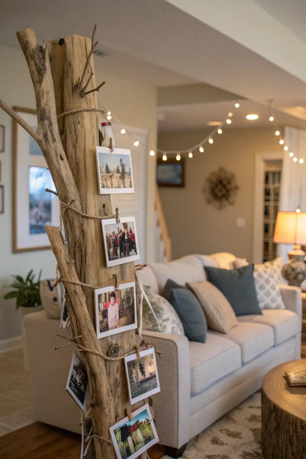 A driftwood photo display intertwines memories and nature.
