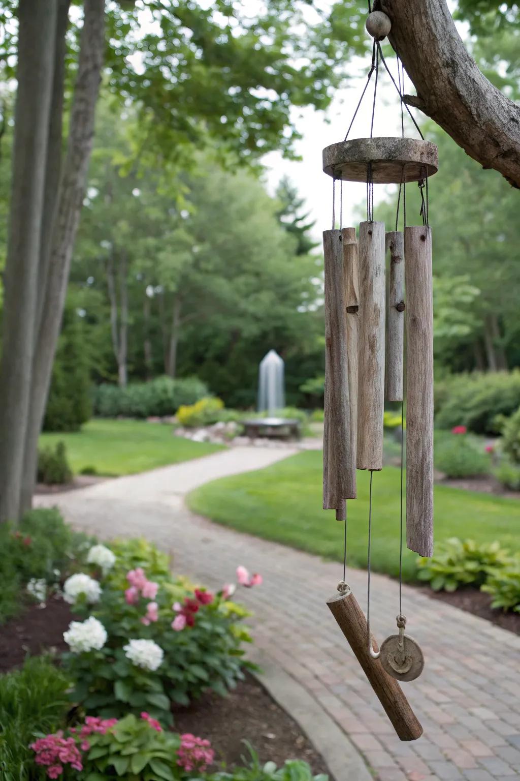 Driftwood wind chimes offer soothing garden melodies.