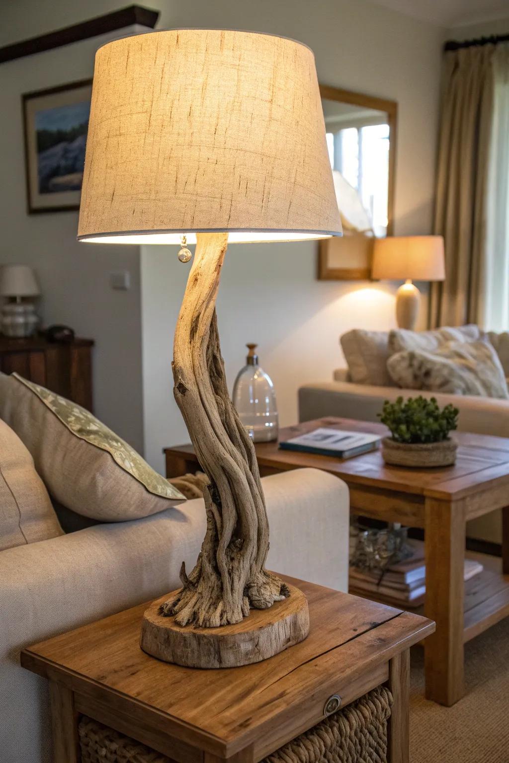 A driftwood lamp base creates a warm, unique ambiance.