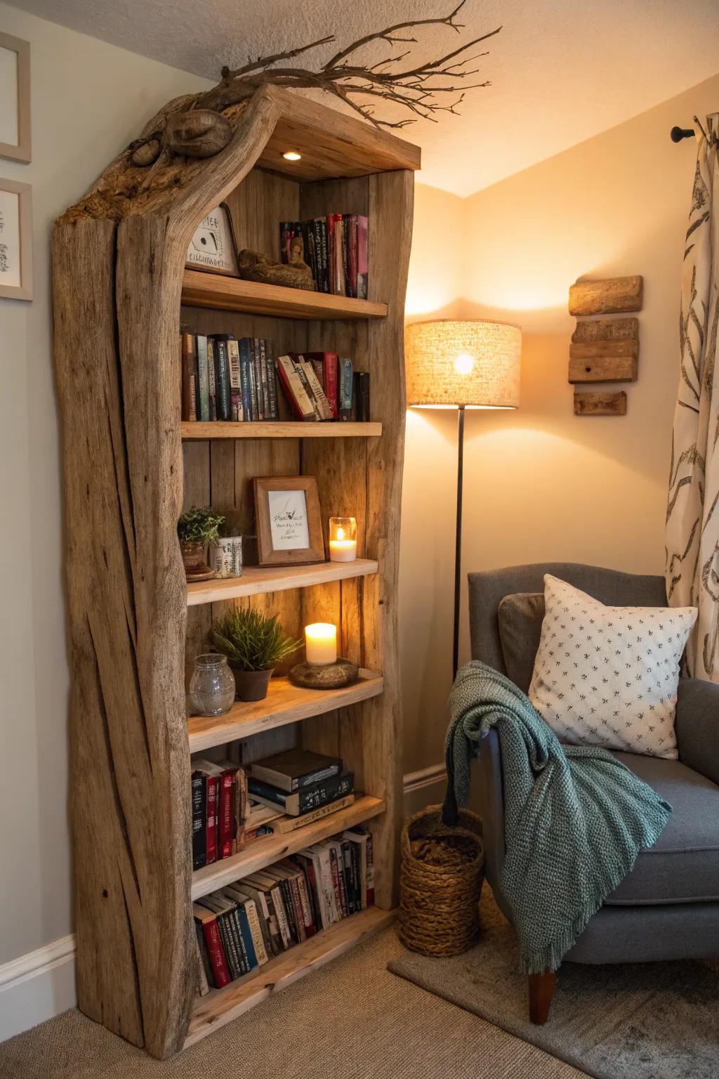 A driftwood bookshelf adds rustic charm to reading nooks.