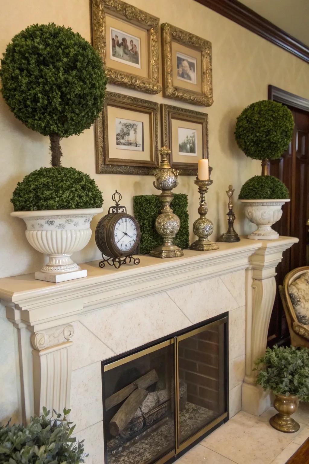 Enhance your mantel with this classic topiary ball arrangement.
