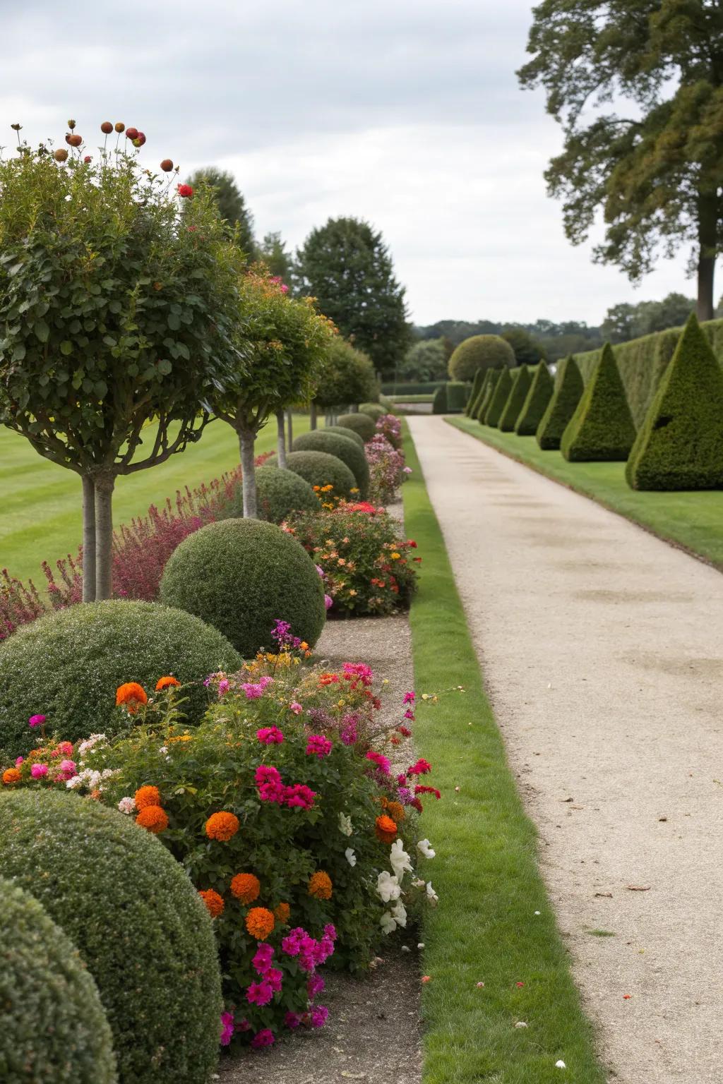 A whimsical garden pathway enhanced by topiary balls.