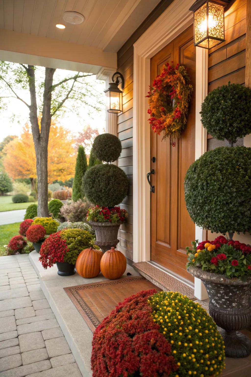 Seasonal porch decor with topiary balls adds festive charm.