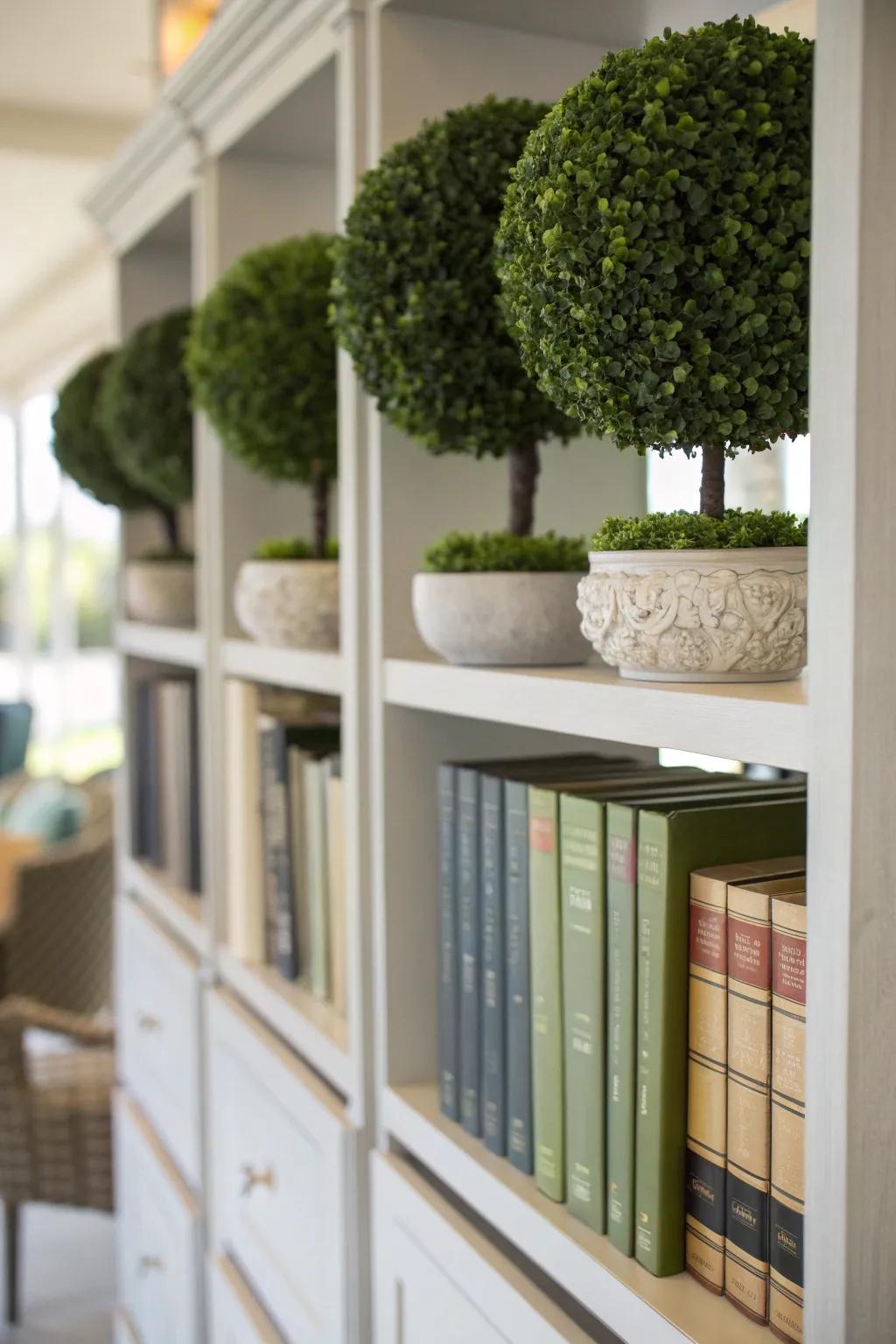 Incorporate topiary balls into your bookshelf for a vibrant touch.