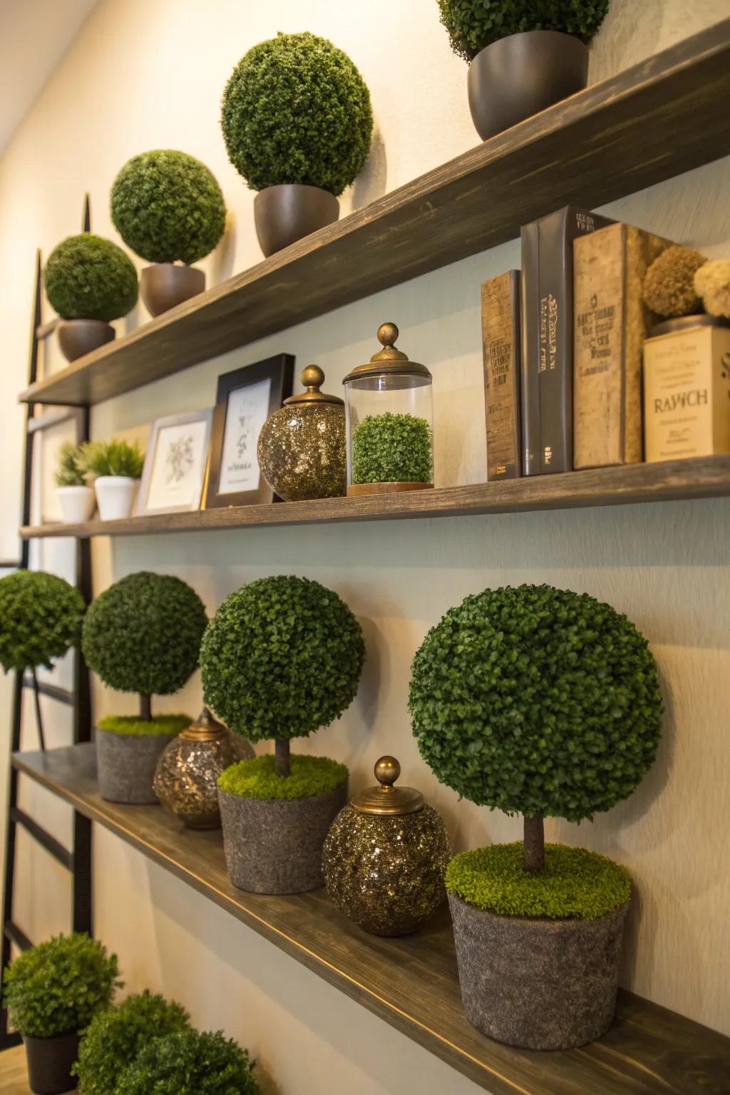 Create an artistic display with topiary balls on wall shelves.