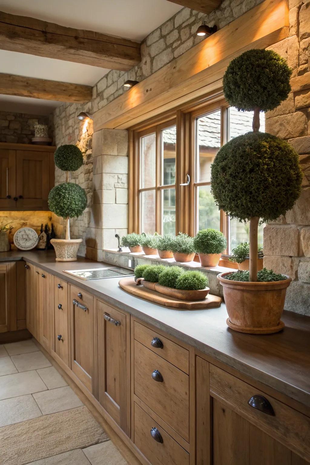 Bring rustic charm to your kitchen with topiary balls.