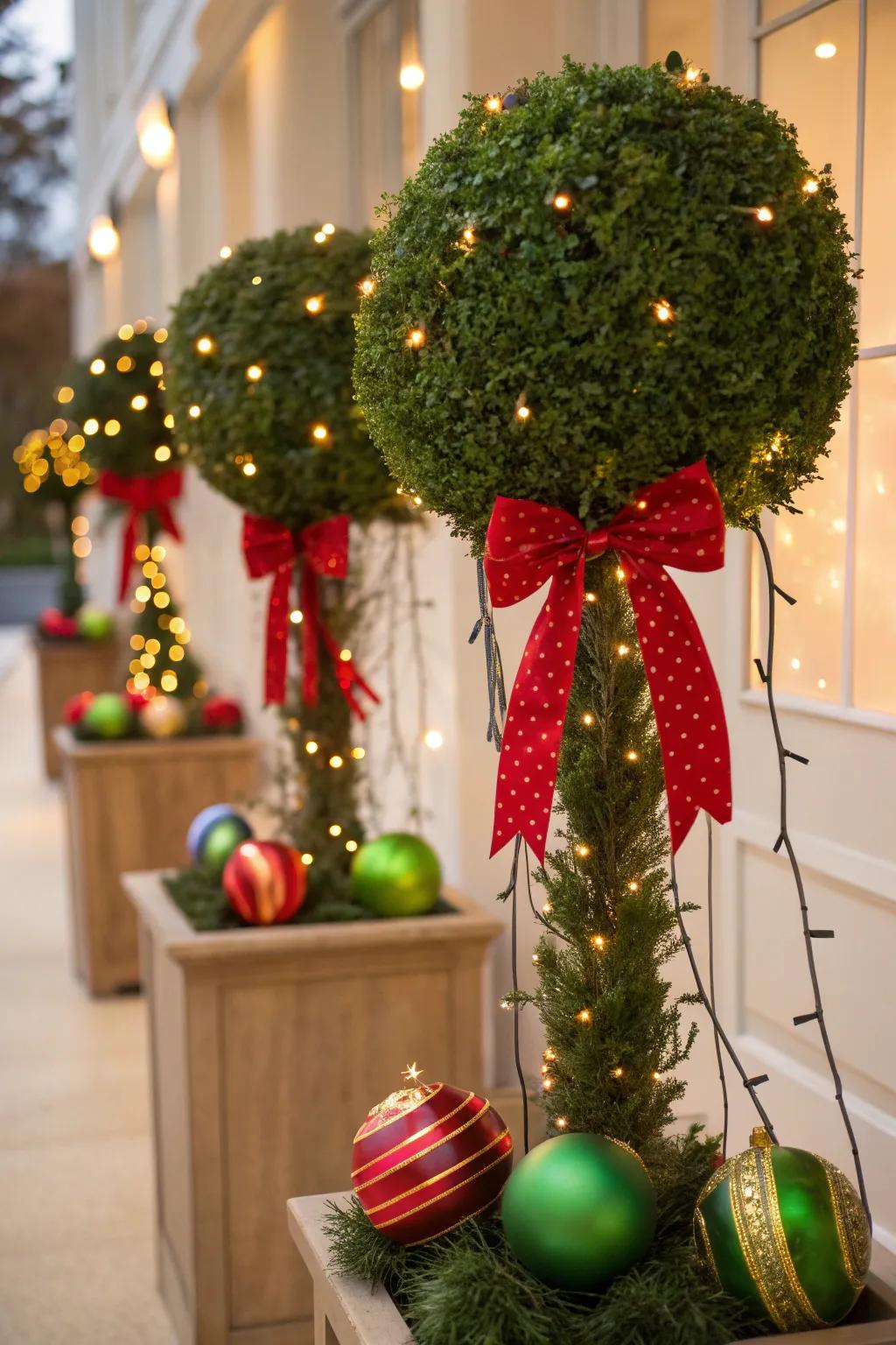 Add festive cheer to your home with holiday-themed topiary balls.