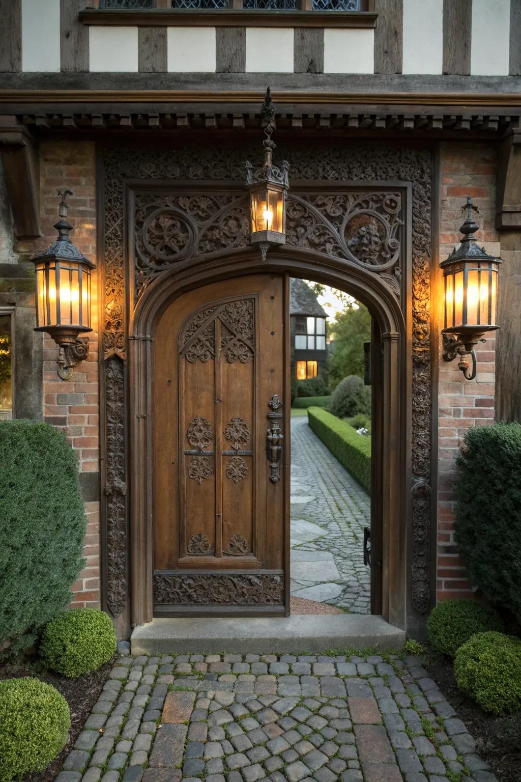 Lantern sconces illuminate with old-world charm.