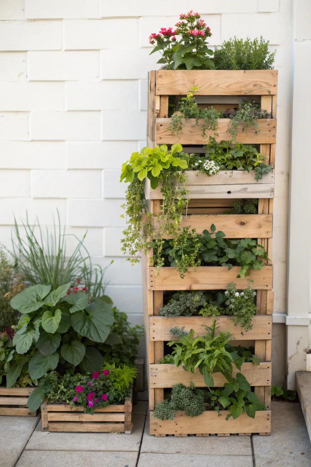 Vertical garden made from stacked wooden crates.