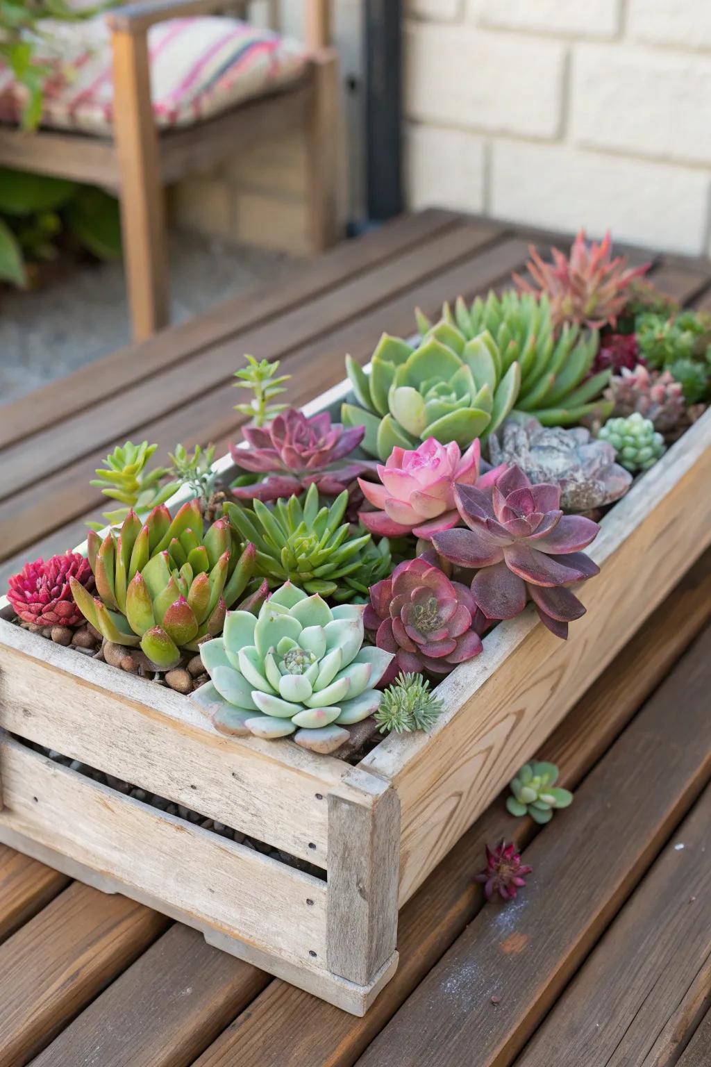 Chic succulent display in a wooden crate.
