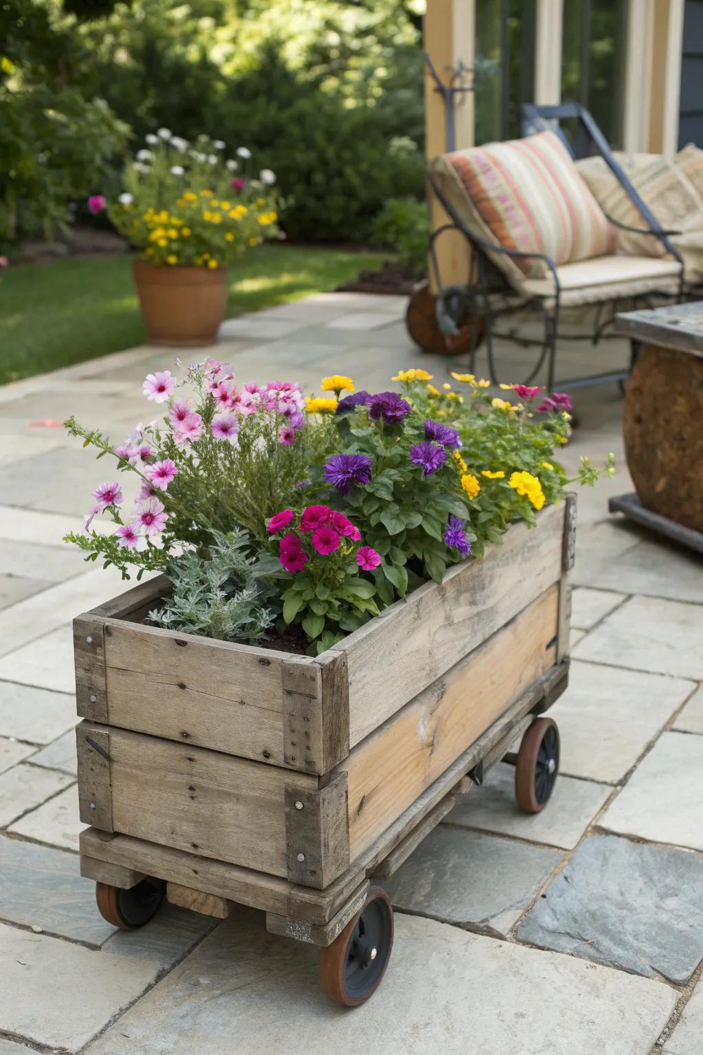 Mobile planter box made from a wooden crate.