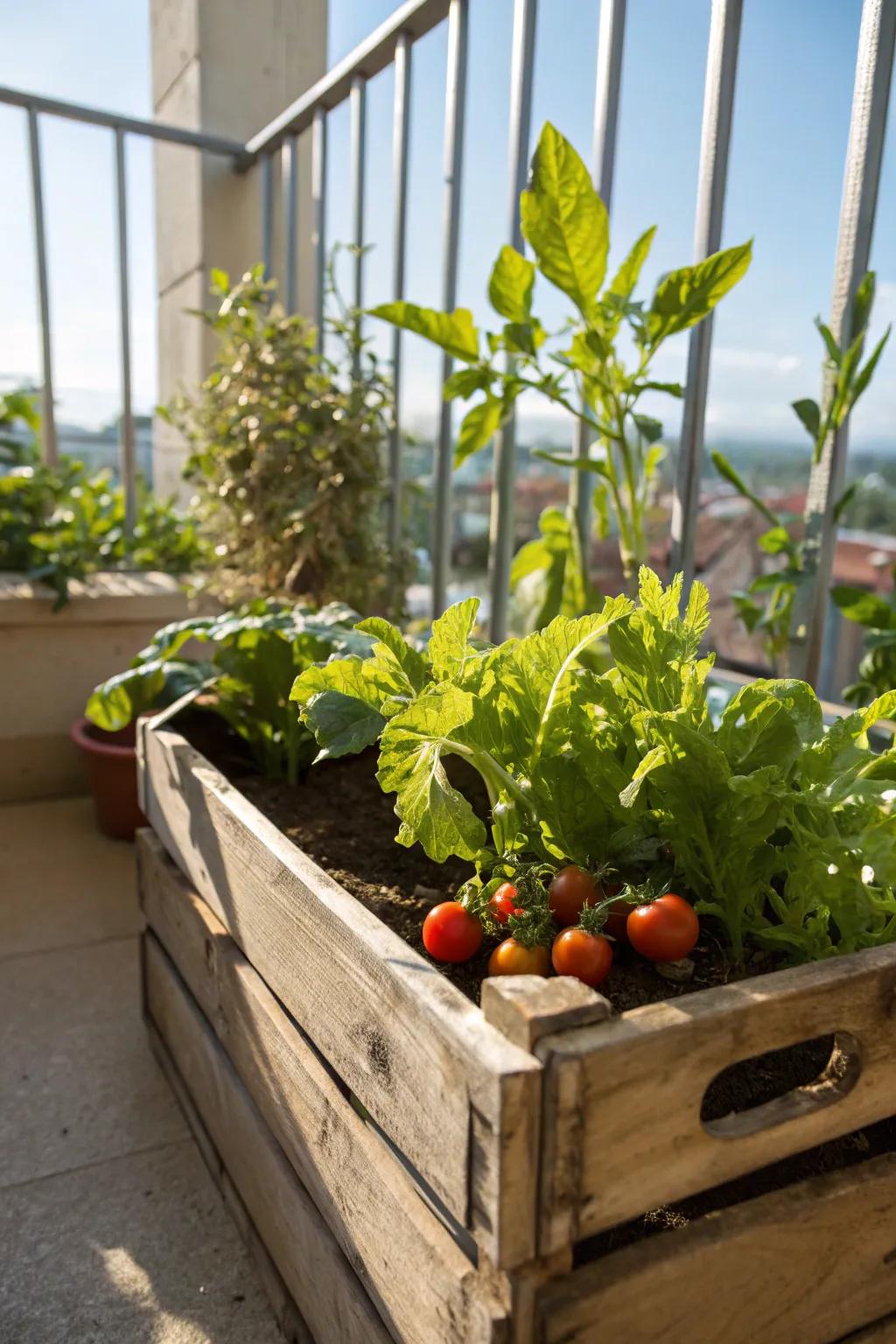 Cozy vegetable patch using a wooden crate.