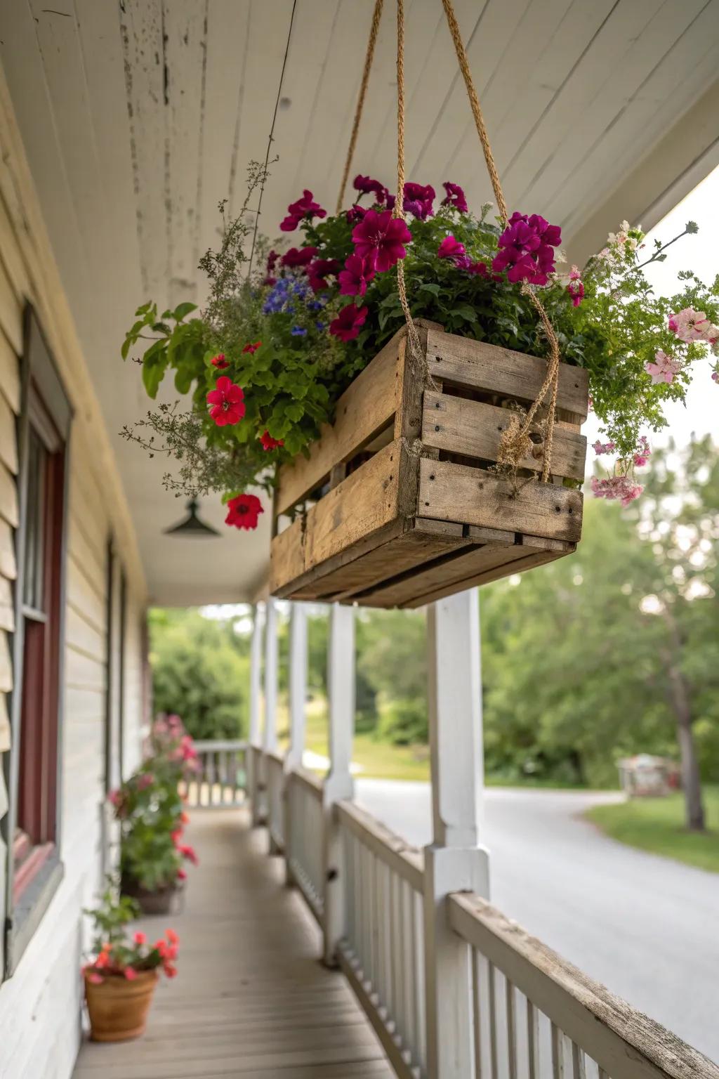 Hanging garden crate with lush greenery.