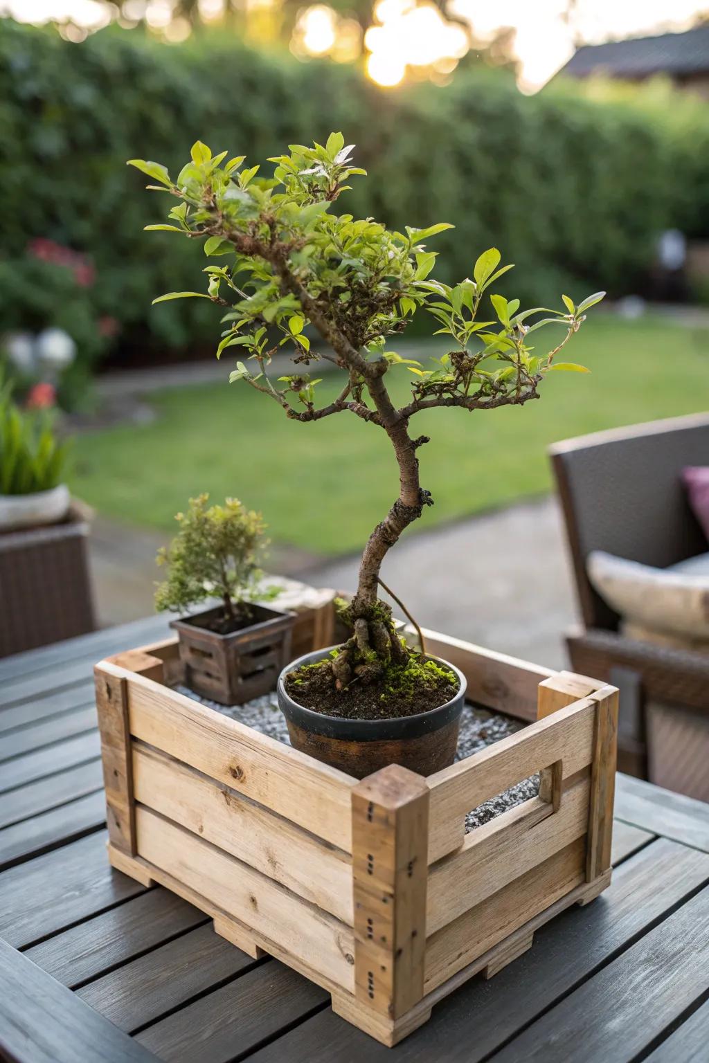 Miniature tree planter in a wooden crate.