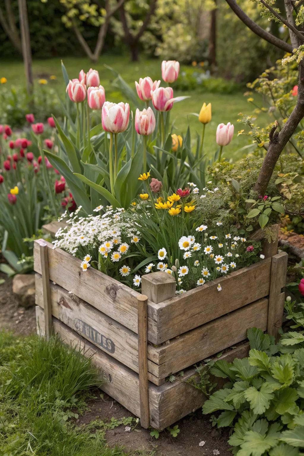 Seasonal flower show with a wooden crate planter.
