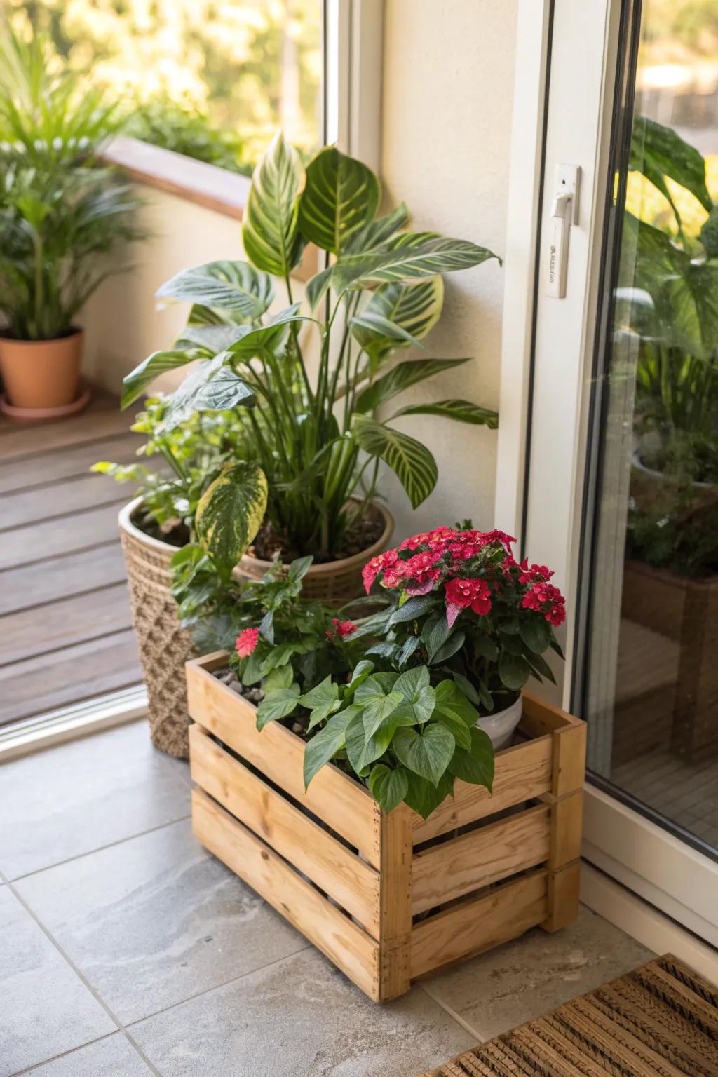 Seamless indoor-outdoor transition with a wooden crate planter.