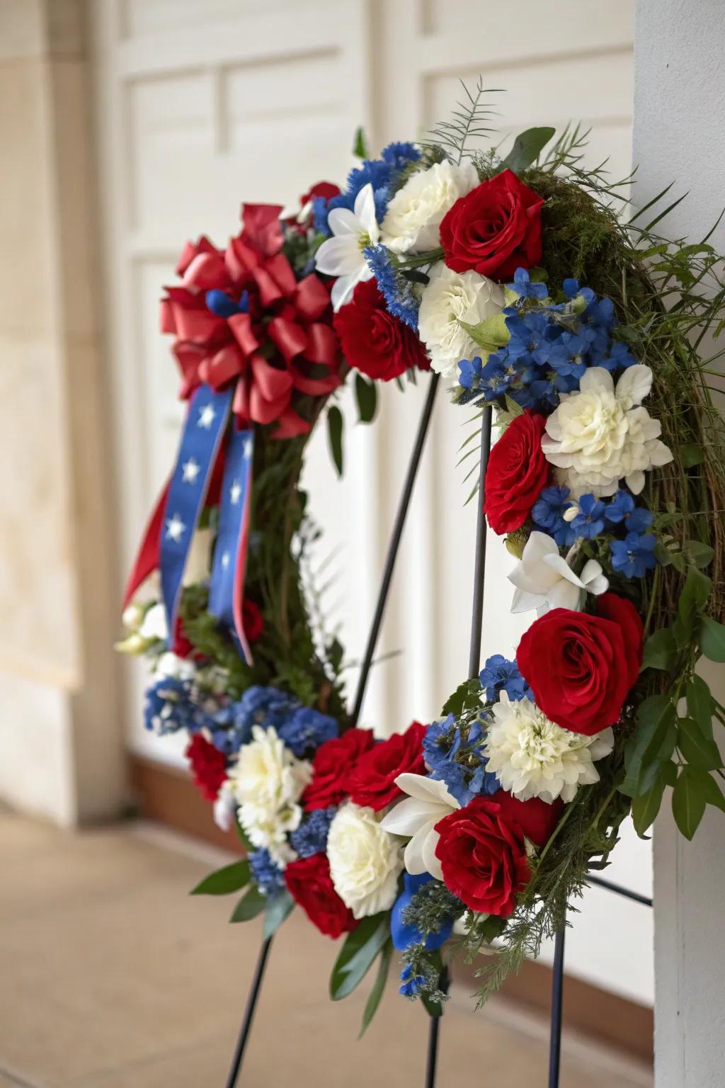 A sophisticated wreath featuring an arrangement of silk flowers in patriotic colors.