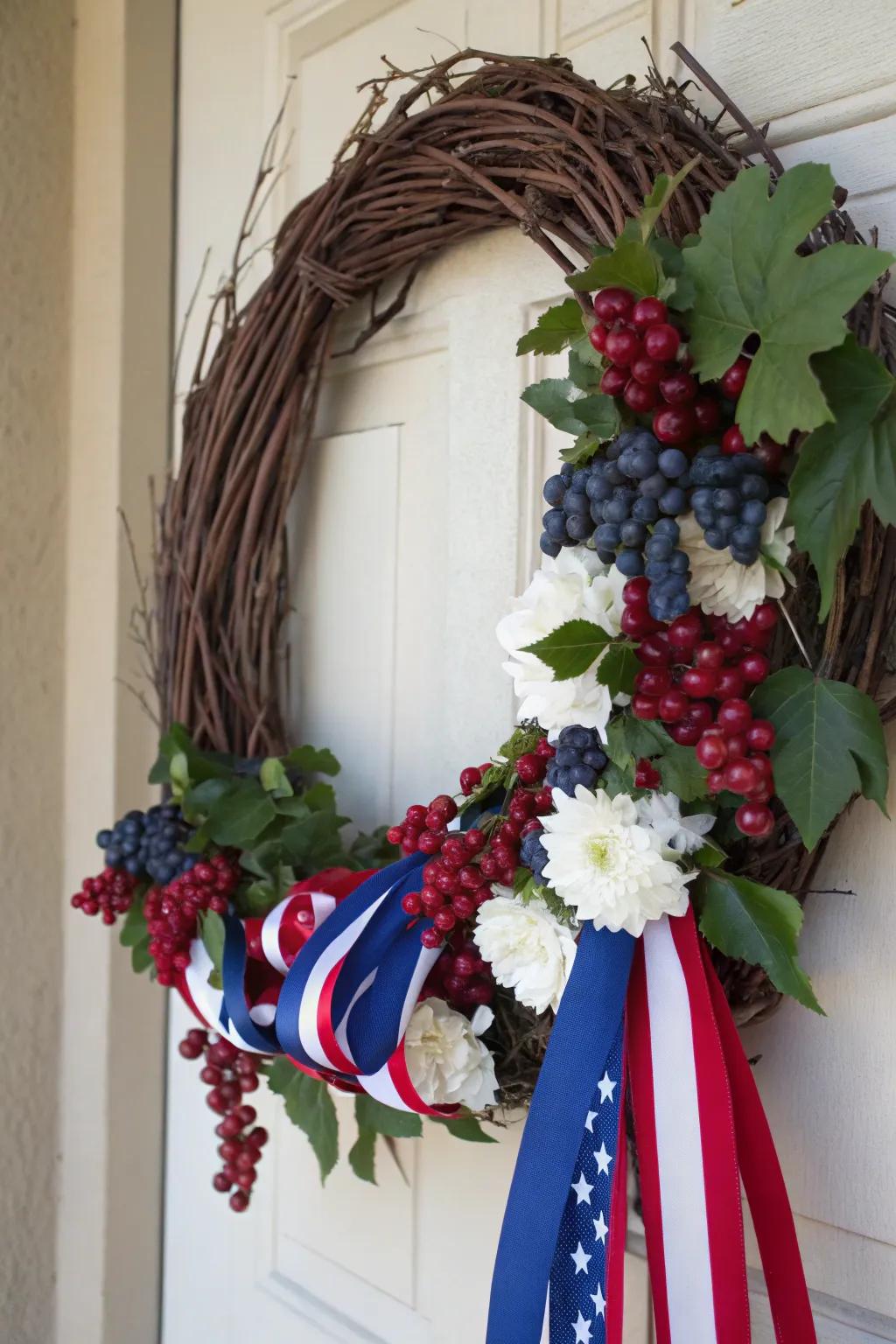 An earthy grapevine wreath enhanced with patriotic colors.