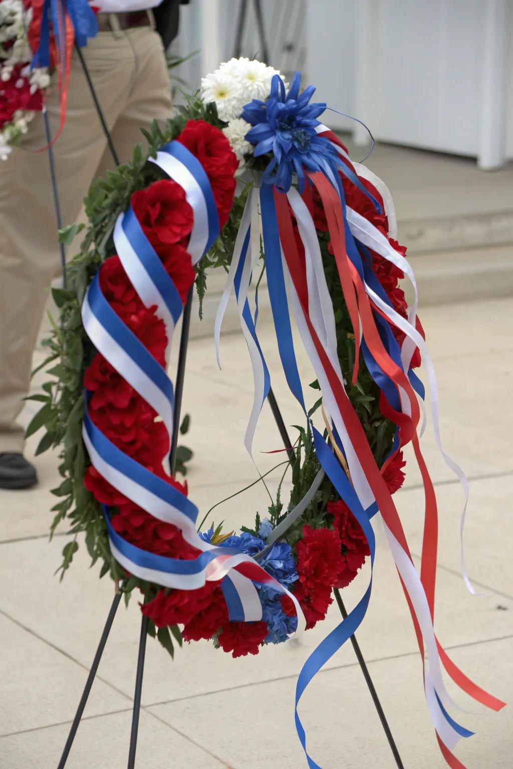 A whimsical wreath with swirling ribbons that add movement and charm.