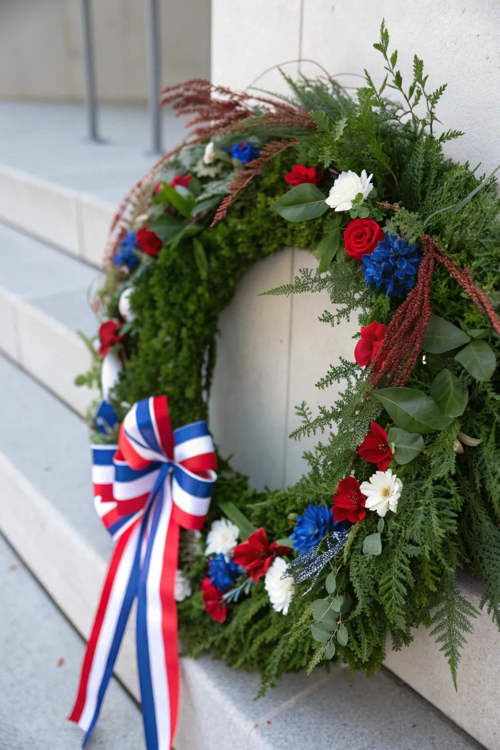 A vibrant wreath featuring greenery alongside patriotic colors.