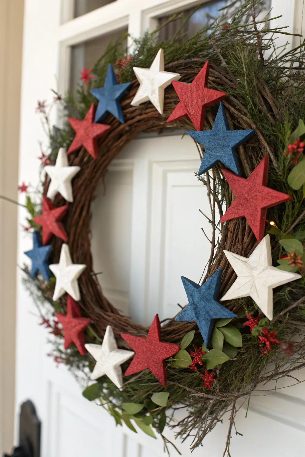 A handcrafted wreath featuring rustic wooden stars.