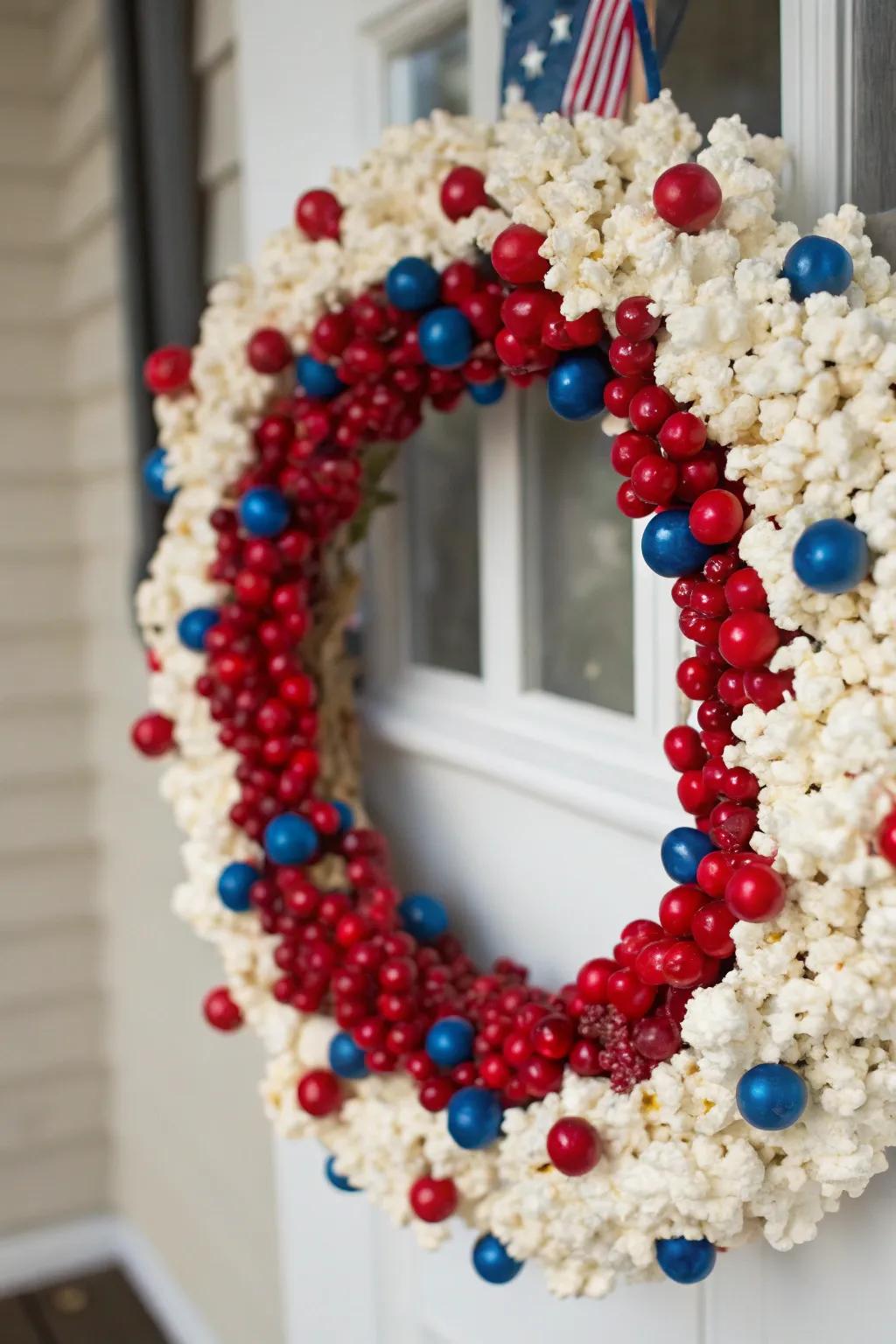 A whimsical wreath featuring popcorn and cranberry garlands.