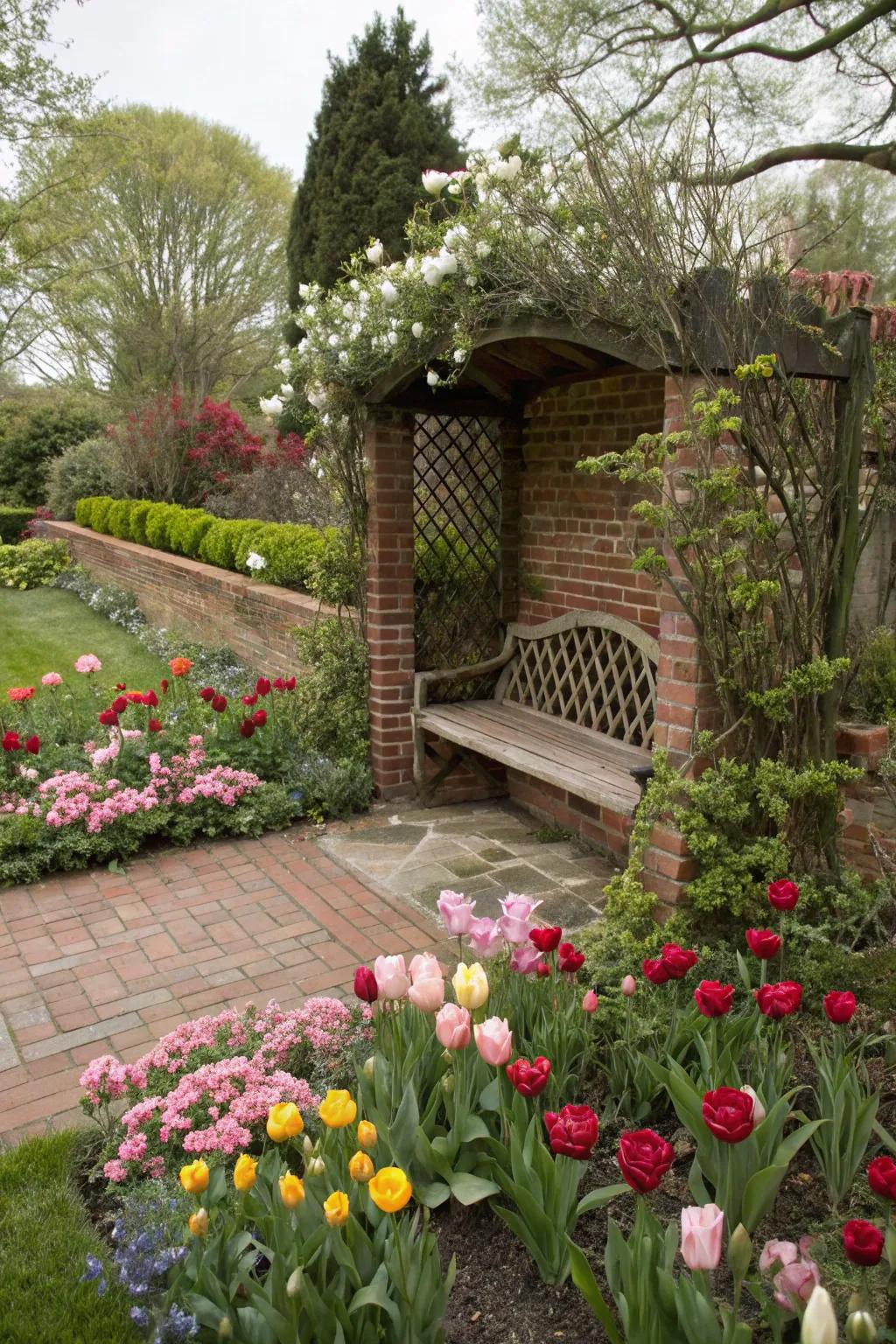 A peaceful garden nook with a classic brick bench.